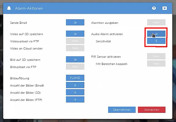 Audioalarmeinstellungen einer INSTAR Kamera